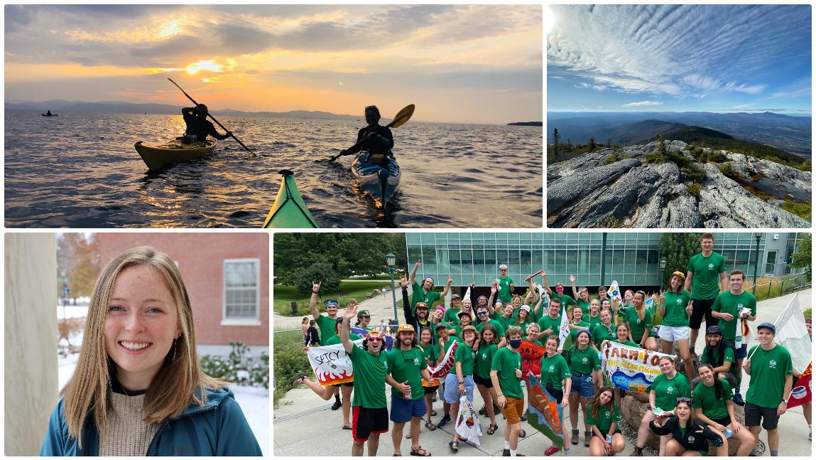 Collage showing kayaking trip on Lake Champlain, the summit of Hunger Mountain, Samantha Marcotte, and UVM TREK leaders.