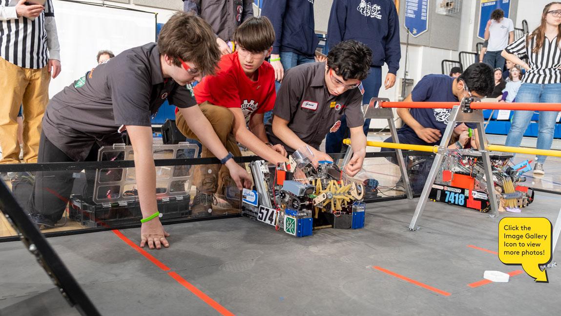 The CVU RoboHawks (#5741) Team ready their robot for the final championship match of the 2024 Vermont First Tech Challenge (FTC).