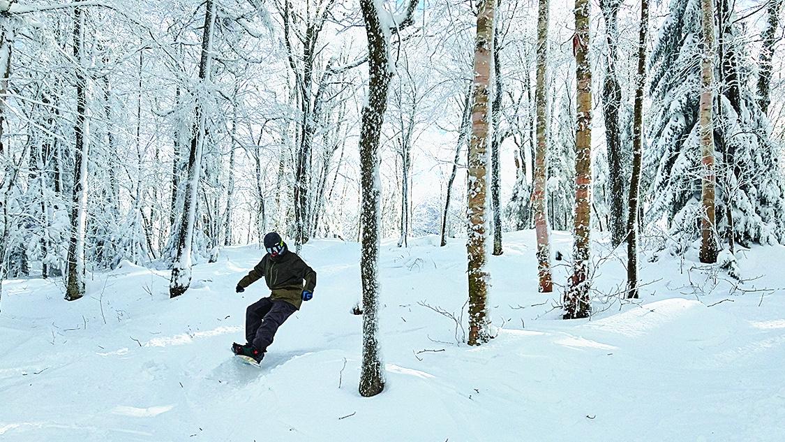 A photo of a snowboarder carving through snowy Vermont woods. 