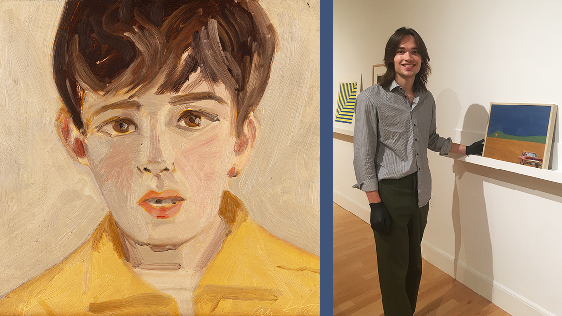 On the right is Eamon Dunn ’24 as he conducts research on an oil painting, to left is a detail of Untitled [Vincent] an artwork by Alex Katz