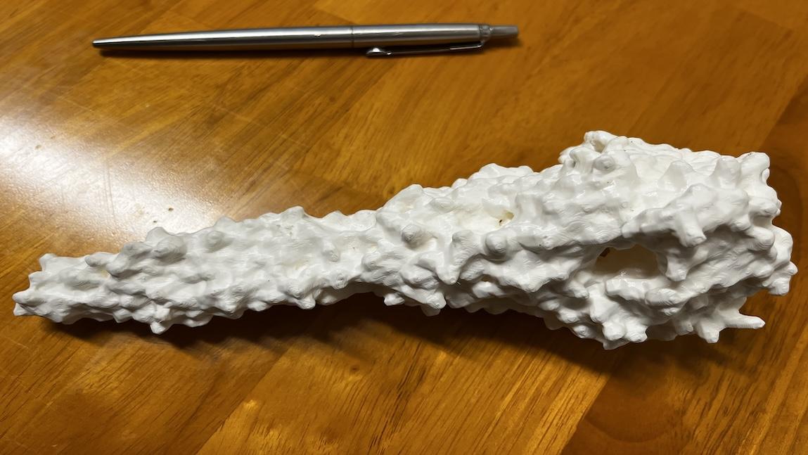 A bumpy looking molded object is actually the 3D printer generated RSV virus replica. The image shows it next to a pen. The finished model is almost twice the length of the pen.