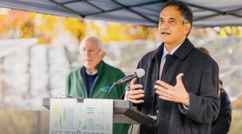 UVM President Suresh Garimella speaking at the dedication of the university's Solar Research and Training Facility at the McNeil Generating Station in Burlington, Vt.