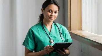 female doctor carrying a clipboard