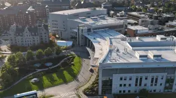 UVM Cancer Center aerial view of the hospital in Burlington, Vt.