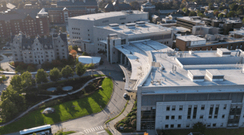 UVM Cancer Center aerial view of the hospital in Burlington, Vt.