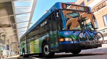 A Green Mountain Transit Bus departs Burlingtons downtown travel plaza
