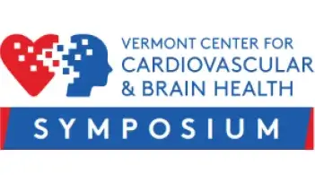 A Word Art graphic featuring the text "Vermont Center For Cardiovascular & Brain Health" alongside the VCCBH logo, which depicts a heart and brain partially blended with scattered pixels. Below, a blue banner states "symposium.