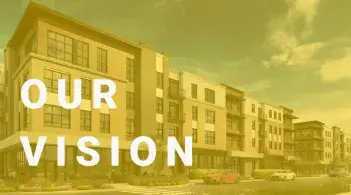 Model picture of new apartment style dorm building coming to campus. With the text "Our Vision" over it.