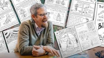 Luis Vivanco sitting with a background of comics