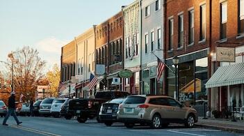 View of a small downtown streetscape.