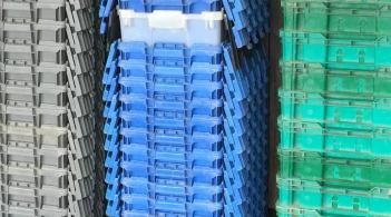 stacked plastic bins