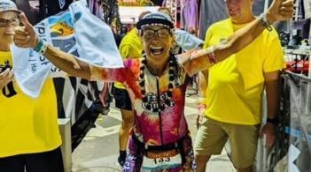 Carol Blattspieler at triathlon finish line