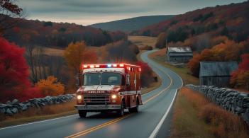 An ambulance drives through the rural Northeast
