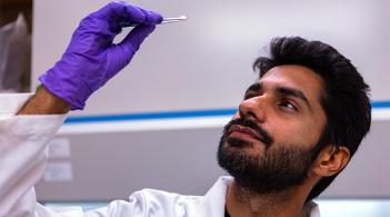 Graduate Student Irfan Tahir at work in Dr. Rachael Floreani's Engineered Biomaterials Research Laboratory (EBRL)
