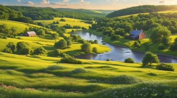 Rural landscape of mountains and a river