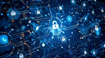 Graphic illustration for cybersecurity showing a virtual network with padlocks.