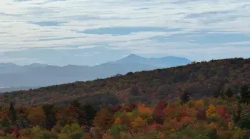 sky, mountains, and fall leaves