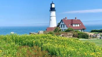 view of a lighthouse across a meadow