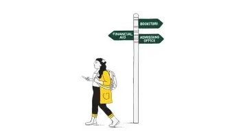 A student stands at a campus signpost pointing toward Financial Aid, Bookstore, and Admissions Office.