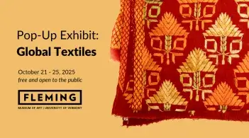 Bright red and yellow wonev fabric on a yellow field with black text