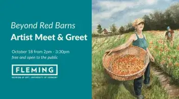 Watercolor detail of people gathering apples over a teal banner with text.