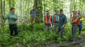 a group of men standing in a forest