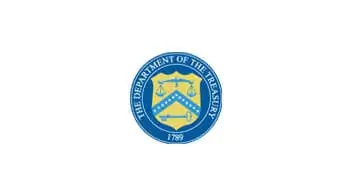 U.S. Department of the Treasury seal featuring a blue shield with scales, a key, and a chevron of stars.