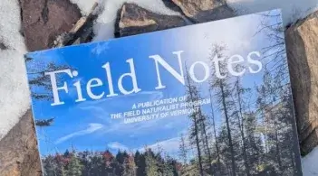 Paper copy of Field Notes magazine lying on snowy rocks