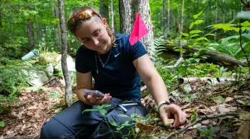 Emma Griffith studies macrofungi in sugarbush (summer 2025)