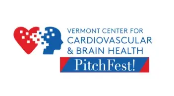 A Word Art graphic featuring the text "Vermont Center For Cardiovascular & Brain Health" alongside the VCCBH logo, which depicts a heart and brain partially blended with scattered pixels. Below, a blue banner states "PitchFest!".