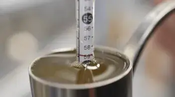 maple hydrometer showing 59 brix in a dipper full of sap