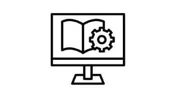 Icon of computer screen with open book and settings cog