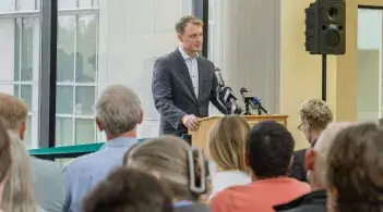 James Stafford speaking to an audience at the UVM Biolabs grand opening 