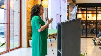 Roz King speaking at the 2026 Leahy Institute Pitch Night