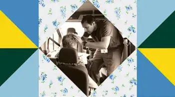 cover of magazine with a quilt like pattern and photo of doctor examining a persons forehead