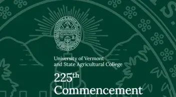 Green and white image of UVM's official seal, with text that says 225th Commencement Ceremony