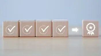 Four blocks with check marks arranged on a table, with an arrow pointing to a fifth block displaying a certificate icon.