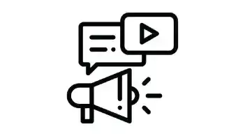Graphic of blown horn, play symbol, and quote bubble