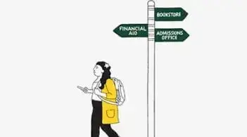 Student walking near signs for financial aid, bookstore, and admissions.