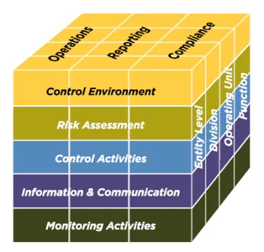 Cube design explaining layers of the COSO definitions and components