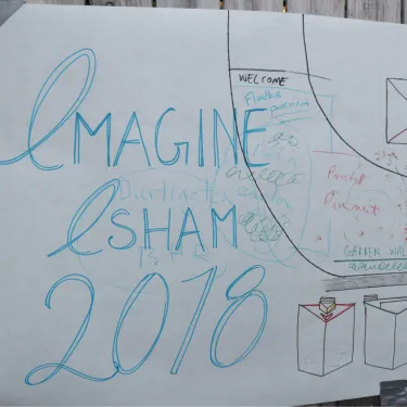 Hand-drawn map of Isham Street with text that reads, "Imagine Isham 2018".