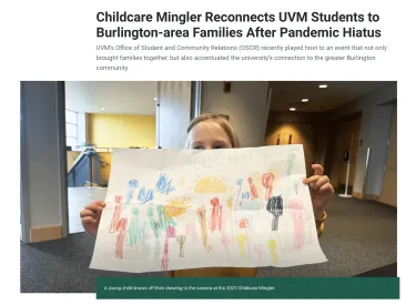 Screenshot of a UVM News article about the Childcare Mingler.