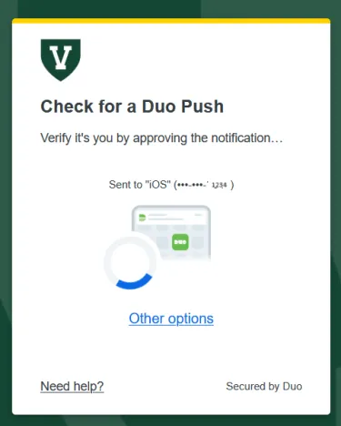 UVM Duo multi authentication screen.