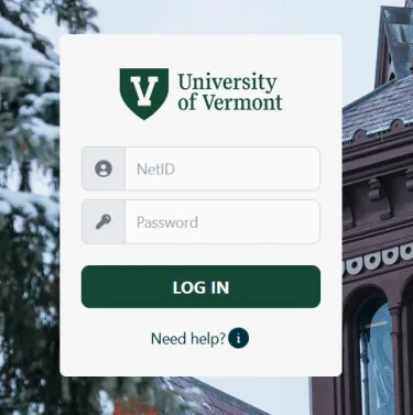 UVM login screen requesting UVM NetID and password. 