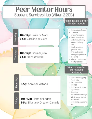 A graphic listing peer mentor hours and topics.