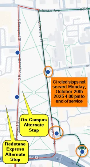 Map of shuttle detours to avoid U Place on 10.20.25