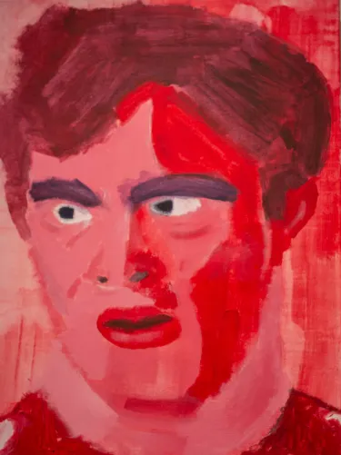 Painted portrait of a man using only red hues. The background is a light red, and uses darker shades of red for the hair and features. A brighter, saturated red creates shadows and depth on the right side of the portrait.