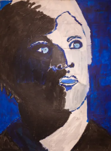 Painted portrait of a man painted using only blue, white and black. The background is blue, while the man's face and shoulders fill the left side and center of the canvas. The left half of the man's face is painted with black, so it is in shadow, while the right side is painted with white. The eyes and mouth are blue, as is the outline of the nose, hairline and jaw. The man wears a black V-neck shirt. 