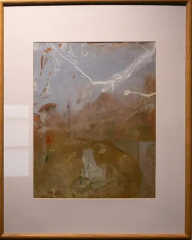 Abstract painting done in gouache. The top third of the painting is a light blue, with a bit of rusty orange poking through in small areas. Rusty orange is present in the background but mostly covered in the lower half by a chartreuse green which has swrils of white and lighter greens and browns within it. The paint is fluid and drippy in some areas.