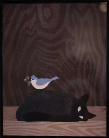 Vertical digital art print of a blue bird standing on the back of a resting black cat. The back ground is made of multiple shades of brown in a woodgrain pattern with a grainy wooly texture. The bottom third of the background is a lighter woodgrain to depict a floor. In the center of this area, a black cat with open eyes is curled in a resting position. It's back is dark gray with a grainy texture. On it's back there is a blue jay with fur or string in its beak. It has blue and white feathers with a streak 